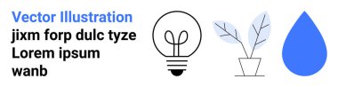 Eğitim, sürdürülebilirlik, çevre dostu uygulamalar, yenilik kavramları, çevre koruma, tasarım projeleri. Minimalist semboller arasında bir ampul, bitki ve su damlası vardır. Sürdürülebilirlik