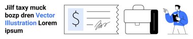 Small business tools, personal finance, payment systems, office management, entrepreneurship, accounting. A receipt, a briefcase and a person holding a clipboard. Personal finance and payment