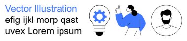Creativity, teamwork, leadership, innovation, brainstorming, collaboration. Light bulb with a gear, person pointing upward circular avatar. Creativity and teamwork concept for modern business