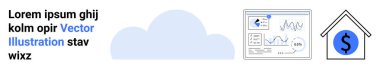Bulut depolama, veri analizi, fintech, emlak, finansal hizmetler, dijital çözümler. Metin kutulu bulut, mali sembollü grafik paneli ev. Veri analizi ve fintech konsepti