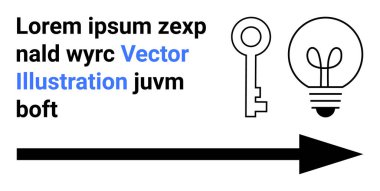 Yenilik, problem çözme, strateji, yön, kilidi açan fikirler, yaratıcılık. Siyah anahtar, ampul kalın ok ve metin elemanları. Yenilik ve problem çözme kavramı