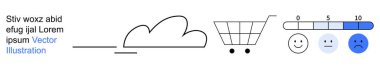 Bulut teknolojisi, e-ticaret, müşteri geribildirimi, veri depolama, performans analizi, kullanıcı reytingleri. Minimalist bulut, alışveriş arabası ve tatmin ölçek simgeleri. Bulut teknolojisi ve e-ticaret