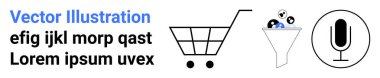 E-ticaret, içerik oluşturma, dijital reklam, çevrimiçi alışveriş, lider nesil, iletişim araçları. Minimum set alışveriş arabası, huni ve mikrofon. Çevrim içi alışveriş ve dijital reklam
