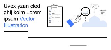İş analizi, bulut hesaplaması, veri görselleştirme, iş akışı yönetimi, üretkenlik araçları, veri güvenliği. Panoda bir kontrol listesi, grafikler ve bulut simgeleri üzerinde büyüteç. İş dünyası