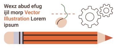 Eğitim, yaratıcılık, iş akışı, tasarım süreci, sanat ve verimlilik. Kalem, dişliler yırtılmış kağıt ve metin elementleri. Yaratıcılık ve tasarım süreci kavramsal illüstrasyon