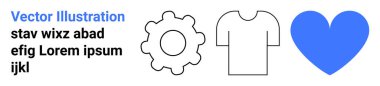 Endüstri, moda, sağlık, minimalizm, dükkan tabelaları, modern tasarım. Siyah dişli, üzerinde mavi kalp yazılı t-shirt var. Sanayi ve moda dişli ve tişört grafiklerine göre