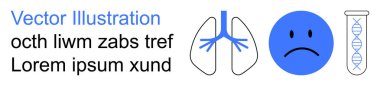 Healthcare, diagnostics, genetic research, emotional health, biology studies, disease awareness. Icons of lungs, a sad face and a DNA test tube. Healthcare and diagnostics concepts