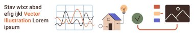 Veri analizi, teknoloji, akıllı yaşam, enerji verimliliği, yenilik, iş akışı optimizasyonu. Grafik, güneş panelli ev ampul kontrol listesi ve sunum slaytı. Veri görselleştirme
