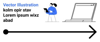 Çalışma akışı, teknoloji akışı, sunum grafikleri, iş yönetimi, çevrimiçi görevler, dijital araçlar. Tablet tutan kadın, yön gösteren dizüstü bilgisayar simgesi oku. Çalışma akışı ve teknoloji akışı kavramı