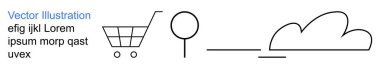 E-ticaret, çevre, minimalizm, soyut tasarım, kavramsal sanat, temel şekiller. Bir alışveriş arabası, dairesel bir nesne yatay bir çizgi ve siyah çizgili bir bulut şekli. E-ticaret