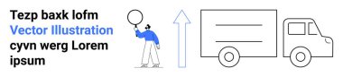 Teslimat kamyonu özetlenmiş, yukarı doğru ok gelişmeyi simgeler, balon tutan kişi oyuncu bir dokunuş ekler. Lojistik, nakliye, büyüme, ilerleme, ulaşım için ideal, çevrimiçi iş için basit