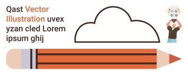 Yaratıcılık, tasarım, eğitim, beyin fırtınası, yenilik, takım çalışması. Kalem, bulut şekli ve sembolik simgeler taşıyan bir kişi. Yaratıcılık ve tasarım anlayışı sembolik elementlerle iletilir.