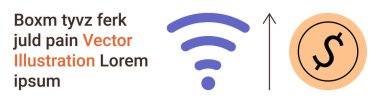 Finansal hizmetler, bağlantı gelişimi, ekonomik büyüme, kablosuz iletişim, teknoloji, iş. Bir ok ve dolar sembollü kablosuz sinyal. Bağlantı süreci ve ekonomik büyüme