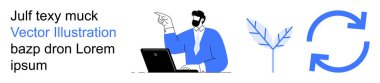 İş büyümesi, teknoloji entegrasyonu, kaynak yönetimi, süreç iyileştirmesi, sürdürülebilirlik, kariyer geliştirme. Dizüstü bilgisayarda çalışan bir adam, ağaç simgesi dairesel oklar. Teknoloji ve iş dünyası