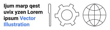 Dişlileri sembolize eden ayarlar, küresel erişimin küresi ve iletişimi vurgulayan metin. Teknoloji, yenilik, bağlantı, küreselleşme, dijital dönüşüm, iş sade iniş için ideal