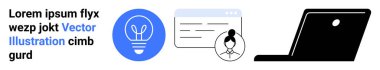 Eğitim, teknoloji, web geliştirme, dijital iletişim, yenilik, çevrimiçi hizmetler. Mavi ampul, profil simgesi ve laptop silueti olan web sayfası. Eğitim ve teknoloji kavramı