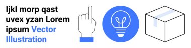 Yaratıcılık, yenilik, ambalaj, iletişim, dijital tasarım, kullanıcı arayüzü. Parmak gösterme, ampul ve paket kutusu minimalist tarzda. Yaratıcılık ve yenilik kavramı