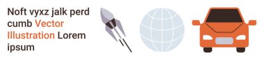 Ulaşım, küresel bağlantı, teknoloji, yenilik, hareketlilik, keşif. Roket, dünya ve araba ikonları bir arada. Ulaşım ve küresel bağlantı fikirleri görsel olarak gösterilmiştir