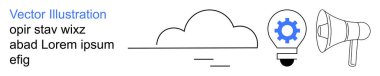 Bulut hesaplama, yaratıcı fikirler, dijital araçlar, modern iletişim, teknoloji çözümleri, çevrimiçi hizmetler. Bir bulut, dişli ve megafonlu bir ampul. Bulut hesaplama ve yaratıcı fikirler kavramı
