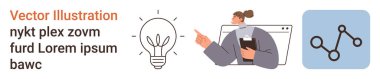 Yenilik, takım çalışması, teknoloji, iş çözümleri, yaratıcı fikirler, bağlantı. Ampul, pano ve ağ diyagramı tutan bir kişi. Yenilik ve takım çalışması kavramları