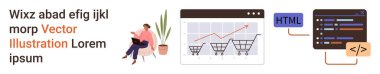 E-ticaret, web geliştirme, kodlama, çevrimiçi alışveriş, dijital analiz, kullanıcı arayüzü tasarımı. Bilgisayarı, alışveriş arabasının grafikleri ve HTML kodu olan biri. E-ticaret ve web geliştirme kavramı