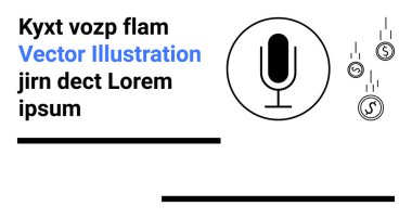 Ses teknolojisi, podcast, dijital pazarlama, finansal büyüme, içerik oluşturma, yayın. Bozuk paralar ve yer tutucu metni olan minimalist mikrofon simgesi. Podcasting ve dijital pazarlama kavramı