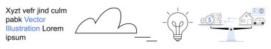 Bulut depolama, yenilik, teknoloji, finansal kararlar, ekonomik denge, veri yönetimi. Bulut, ampul ve para ve varlıkları dengeleyen bir ölçek gösteren minimum çizgi sanatı. Bulut deposu