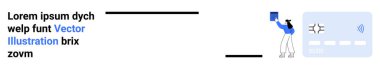 Dijital ödemeler, siber güvenlik, çevrimiçi işlemler, sanal cüzdanlar, kişisel finans, nakitsiz sistemler. Bir figür ödeme arayüzünün yanında bir kart tutar. Dijital ödemeler ve siber güvenlik kavramı