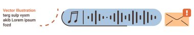 İletişim, mesajlaşma, bildirimler, dijital ses, müzik paylaşımı, ses sohbeti. Rozetli bir mesaj baloncuğu ikonu içinde ses dalgası ve nota. İletişim ve mesajlaşma kavramı