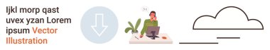 Digital storage, workplace productivity, remote work, downloading files, online services, sleek design. Person working at a desk with plants and a computer, cloud and arrow icon. Digital storage