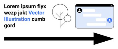 İletişim araçları, mesajlaşma uygulamaları, kullanıcı arayüzü, yön akışı, dijital navigasyon, etkileşim. Kullanıcı simgeleriyle sohbet penceresi, metin baloncukları ağaç sembolü ve sağı gösteren ok. İletişim