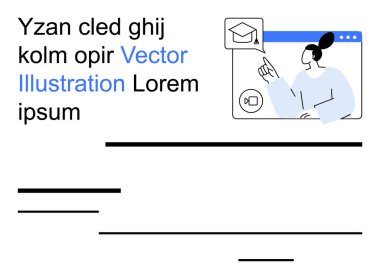 Çevrimiçi eğitim, uzaktan öğrenme, dijital iletişim, e-öğrenme kursları, sanal sınıflar, uzaktan eğitim. Mezuniyet şapkası ikonunu gösteren bir video ekranındaki kişi. Çevrimiçi eğitim