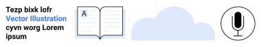 Education, e-learning, cloud storage, voice recognition, communication tools, digital transformation. Open book, cloud and microphone icons displayed. Education and e-learning concepts