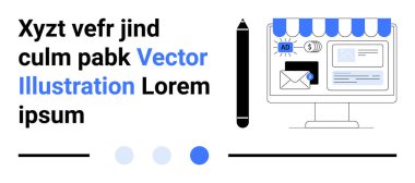 Computer monitor with email, storefront awning, and advertisement illustrations. Pen alongside highlights creative process. Ideal for marketing, business, e-commerce, email campaigns, branding