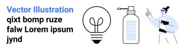 Yenilik, hijyen uygulamaları, tasarım düşüncesi, yaratıcılık, kişisel bakım ve eğitim. Minimalist ampul, dezenfektan şişesi ve işaret eden bir kadın. Yenilik ve hijyen uygulamaları kavramı