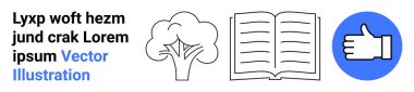 Eğitim, çevre bilinci, okuma, sürdürülebilirlik, onaylar, grafik tasarım. Bir ağaç, açık bir kitap ve minimumda bir simge. Eğitim ve çevre bilinci sembolleri