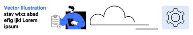 Bulut grafiği, vites simgesi ve metin elemanlarının yanında pano tutan bir erkek figürü. İş akışı, bulut depolama, organizasyon, üretkenlik, teknoloji, veri yönetimi için ideal basit iniş sayfası