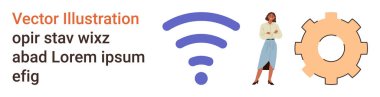 Teknoloji, takım çalışması, yenilik, kablosuz iletişim, iş stratejisi, problem çözme. Mor kablosuz sinyal, iş kadını ve turuncu dişli. Teknoloji ve takım çalışması kavramı