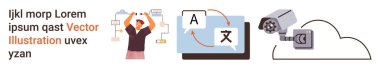 Dil çevirisi, veri depolama, siber güvenlik, izleme, bulut hesaplama, dijital erişim. Akış çizelgeleri, çeviri ekran güvenlik kamerası ve bulut bağlantısı olan bir kişi. Çevirisi