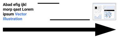 Digital communications, data analysis, web development, online navigation, content strategy, process flow. Black arrow indicating direction with a web interface thumbnail. Digital communications