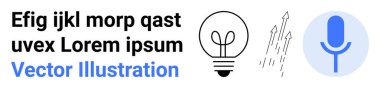 Yenilik, yaratıcılık, ses teknolojisi, beyin fırtınası, iletişim ve tasarım. Bir ampul, oklar ve minimalist tarzda yer tutucu metni olan bir mikrofon. Yenilik ve yaratıcılık