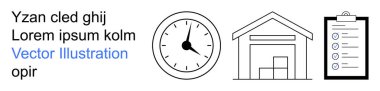 Zaman yönetimi, envanter kontrolü, lojistik planlama, verimlilik, tedarik zinciri, organizasyon araçları. Saat, içinde mesaj olan depo kontrol listesi. Zaman yönetimi ve envanter denetimi kavramı