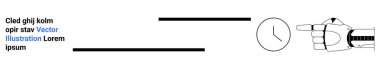 Zaman yönetimi, teknoloji, robot bilimi, dijital dönüşüm, programlama, geleceksel tasarım. Minimalist bir saati işaret eden robot eli. Zaman yönetimi ve teknoloji entegrasyonu kavramı