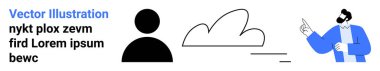 İş, iletişim, takım çalışması, bulut teknolojisi, bağlantı, sanal işbirliği. Kişi simgesi, biçimlendirilmiş bulut ve işaret eden bir figür. İş ve iletişim kavramı