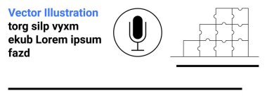 İletişim araçları, podcast, takım çalışması, problem çözme, asgari tasarım, eğitim. Beyaz üzerine bir mikrofon ikonu ve bulmaca bloğu grafikleri. İletişim araçları ve takım çalışması kavramları