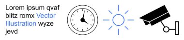Zaman yönetimi, enerji verimliliği, güvenlik denetimi, gözetim, sürdürülebilir yaşam, gün ışığı tasarrufu. Saat, güneş ve güvenlik kamerası sembolleri minimalist tasarımda. Zaman yönetimi ve enerji