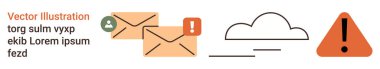 Dijital iletişim, e-posta güvenliği, bulut hesaplama, uyarı bildirimleri, veri transferi, çevrimiçi güvenlik. Uyarı simgeleri ve bulut depolama sembolü olan zarflar. E- posta güvenliği ve iletişim