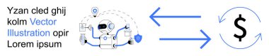 Financial services, automation processes, economic exchange, robotics, digital transformation, fintech innovation. Robot linked with dollar and arrows. Financial services and automation concepts