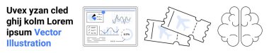 Data analysis, cognitive processes, event ticketing, creative brainstorming, digital tools, and research. A graph panel, tickets and a brain outline. Data analysis and cognitive processes