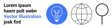 Yenilik, küresel bağlantı, arama, problem çözme, yaratıcılık, bilgi paylaşımı. Mavi ampul, küresel ızgara büyütme cam simgeleri. Yenilik ve küresel bağlantı kavramı